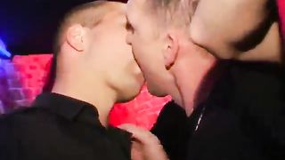 Greek gay bodybuilder strippers with huge muscle and big dicks getting the crowd to join the fun