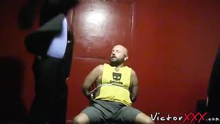 Hairy bald guy gets spitroasted hard  Free Gay Porn 