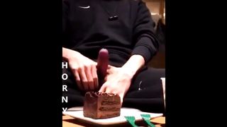 Small Dick Horny Gay Asian Jerk Off In a Cafe and Cum on Cake Fit Asian 