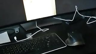 Sucking Master's cock in front computer while he watches a video me sucking him BottomSlutCO