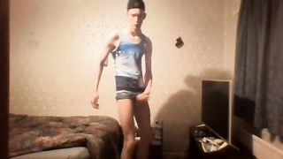 Very skinny twink with a cap strokes his cock while wearing a tank top Peter bony