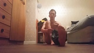 Very Skinny teen strokes his big dick on his bedroom floor Peter bony