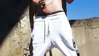 Outdoor public place 2× cumshot. Flexing arms abs, back muscles. Cumming in a row. Fit toned body. KyleBern - SeeBussy.com