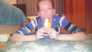 Skinny teen shoves banana deep in his throat Peter bony - SeeBussy.com