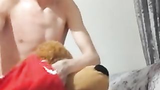Very Skinny blonde plays with his face mask and puts his teddy bear clothes on himself Peter bony - SeeBussy.com