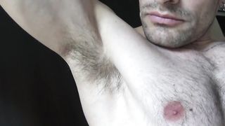 Hairy daddy close-up body, nipples, armpits, flexing biceps KyleBern - SeeBussy.com