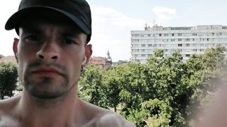 Public balcony jerk off with cumshot⁄Public place masturbation KyleBern - Amateur Gay Porn