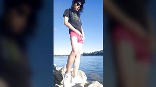 Twink Boy with Long Dark Hair Pissing Pee on the River Dressed in Glasses Cap Sneakers Boxer Tshirt Jon Arteen - SeeBussy.com