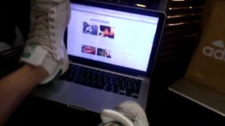 Apple Laptop Worships Adidas Stan Smith Sneakers, White Socks, Boy's Feet Fetish, Twink's Legs Jon Arteen - BussyHunter.com