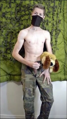 Femboy Soldier Guy Fucking Plushie Hard then Squirts on own Stomach while Wearing Military Gear Peacock King - Amateur Gay Porn
