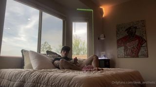 Lays in bed and gets his dick hard no cum - Gay Porn Videos of