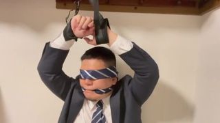 Japanese Chubby Suit Man, Restrained and Blindfolded and Mass Ejaculation with Vibrator tengu man - BussyHunter.com
