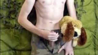 Femboy Soldier Guy Fucking Plushie Hard then Squirts on own Stomach while Wearing Military Gear Peacock King - Amateur Gay Porn 2