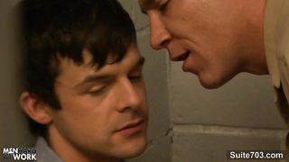 Horny gays fuck in threesome in prison