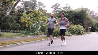 Older tattooed muscle daddy coaches virgin step son